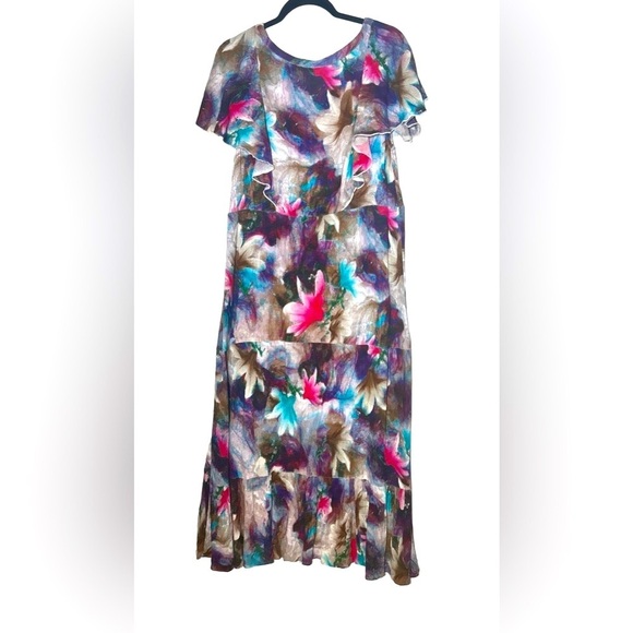 Soft Surroundings Italian Dreams Floral Tiered Maxi Dress w/ Flutter Sleeves, L - Picture 3 of 11